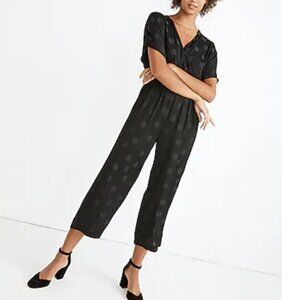 Madwell Wrap-Front Smock-Waist Jumpsuit in Dot Jacquard Medium Black O143